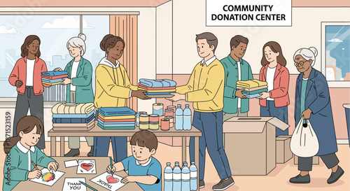 Volunteers sorting donations at community donation center.