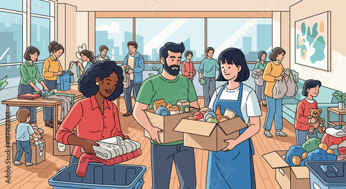 Volunteers Organizing Donations at a Community Center.