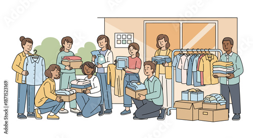 Group of people organizing and sorting clothes in a charity shop.