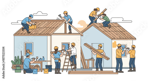 Construction workers renovating a house with roofing materials.