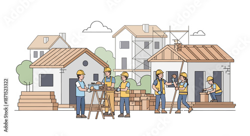 Construction workers building a new house together.
