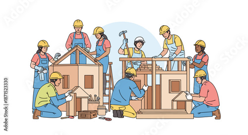 Construction workers building a house together in a collaborative effort.