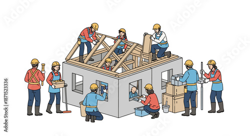 Construction workers building a house together.