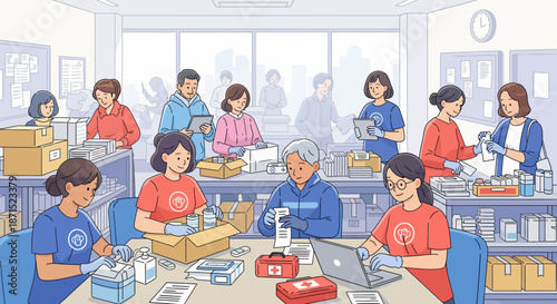 Volunteers sorting and packing donations in a community center.