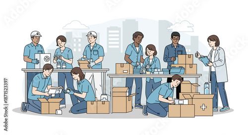 Medical Supply Warehouse Workers Packing Boxes.