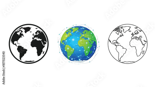 World globe set in black colorful and outline styles representing earth geography global network and international connection