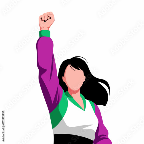 Determined woman raises a clenched fist in a gesture of empowerment against a stark white background symbolizing revolution.