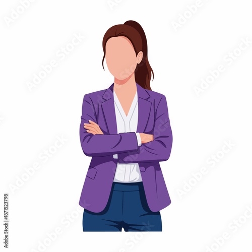 Portrait illustration of a confident businesswoman standing with arms crossed wearing a stylish purple blazer and dark trousers.