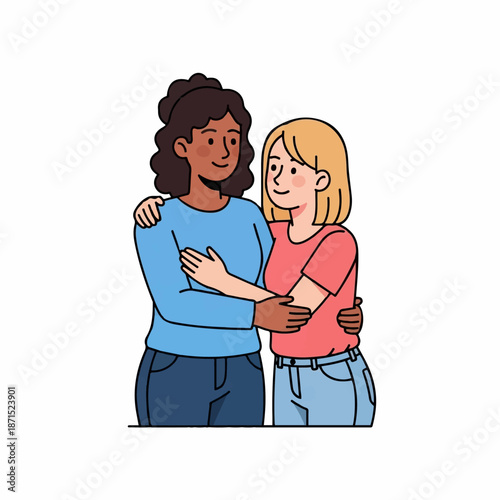 Two diverse women embrace warmly, showing mutual support and deep connection symbolizing friendship, partnership, or solidarity between people.