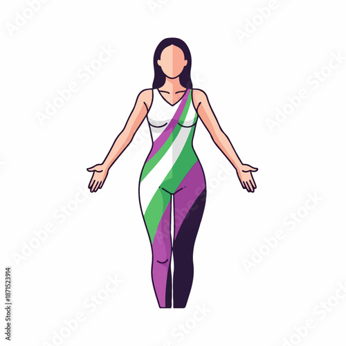 Woman stands confidently wearing a jumpsuit featuring the distinctive purple, green, and white stripes of the Abrosexual pride flag.