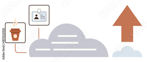 Cloud technology, data security, authentication systems, progress, modern services, digital tools. ion of a cloud, ID card coffee cup and upward arrow. Cloud technology and data security concept