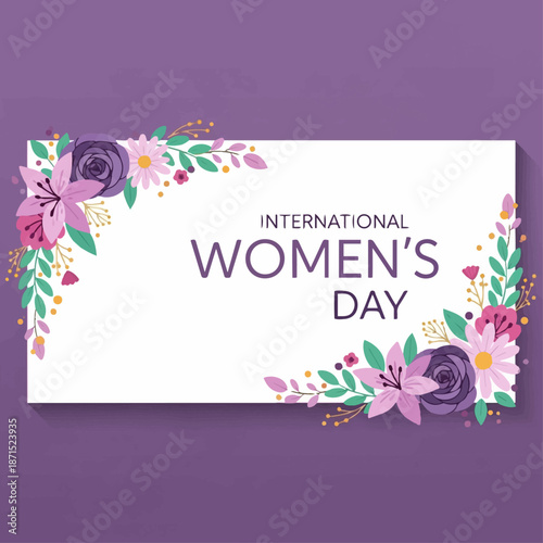 Elegant floral border frames a white rectangular area announcing International Women's Day celebration against a purple backdrop.