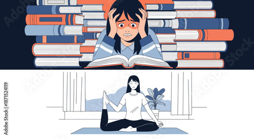 Illustration of people reading and surrounded by books in different settings.