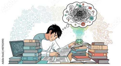 Man overwhelmed by piles of books and complex thoughts while studying.