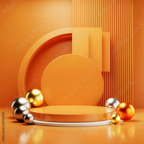 Minimalist orange product display stage with geometric shapes and metallic spheres