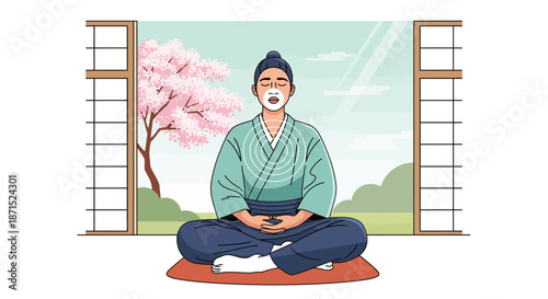 Serene man meditating in traditional Japanese attire.