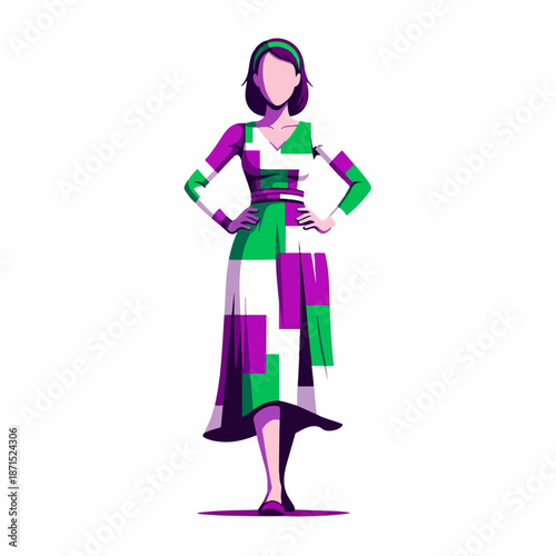 Woman wearing a striking geometric purple and green midi dress stands confidently with hands placed firmly on her hips in a modern, abstract style.