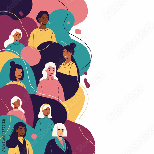 Collection of diverse women faces positioned artistically against a background of flowing abstract shapes representing community and collaboration.