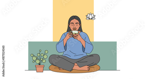 Woman meditating with a cup of coffee in a serene environment.