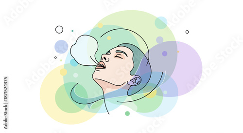 Woman wearing hijab with eyes closed and mouth open in contemplation surrounded by colorful abstract shapes.