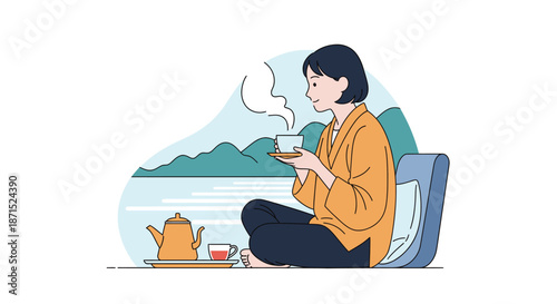 Woman Relaxing with Tea by the Lake.