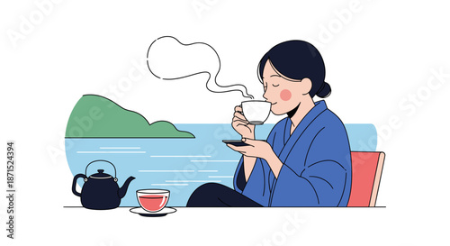 Woman enjoying a cup of tea by the serene lakeside.