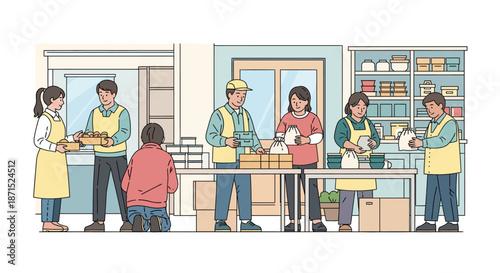 Volunteers sorting donations at a charity food bank.