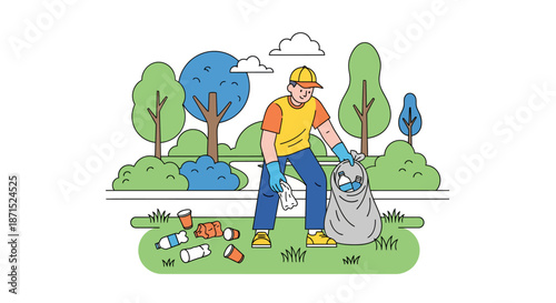 Man collecting trash in a park with trees and a river.