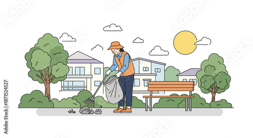 Community Service Worker Collecting Trash in Residential Area.