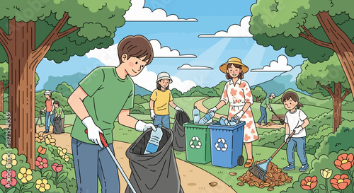 Community members participating in a park cleanup effort together.