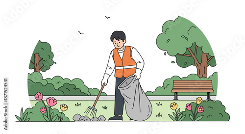 Man in orange vest cleaning park with trash bag and rake.