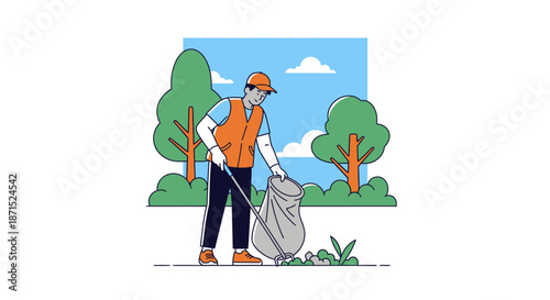 Man in orange vest picking up trash with a grabber in a park.
