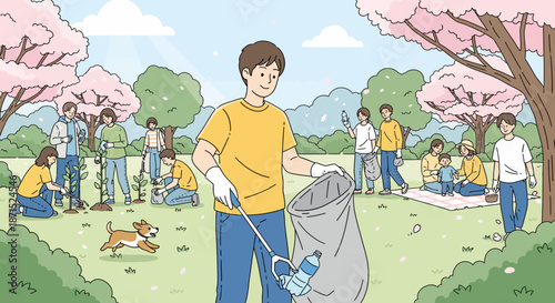 Community Service Volunteers Cleaning Park Together.