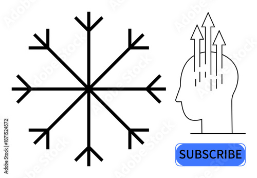 Mindfulness theme. A graphic a snowflake, symbolic of clarity, alongside a head with upward arrows mind growth. Mindfulness is visually linked to self-awareness and inspiration. education