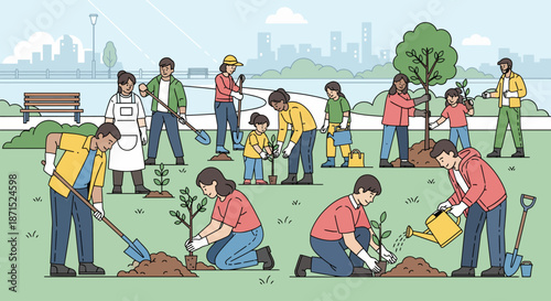 Group of people planting trees in a park together.
