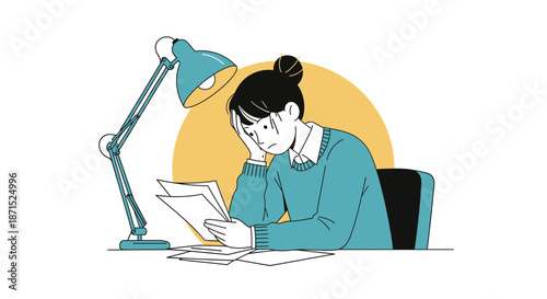 Young woman reading papers at desk under lamp.