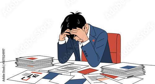 Overwhelmed businessman surrounded by paperwork and documents.