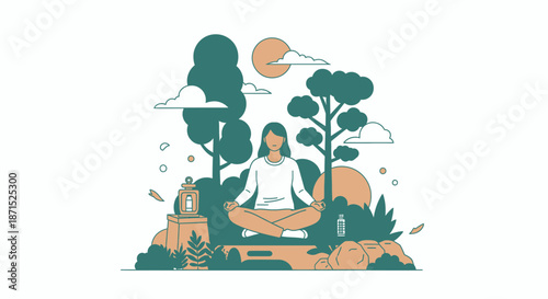 Serene illustration of a person meditating in nature with trees and clouds.