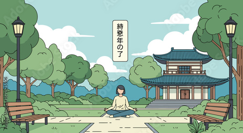 Serene Asian style garden with person meditating peacefully.