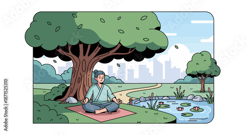 Woman meditating in a serene park with a dog by a tree.
