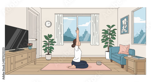 Woman Practicing Yoga in a Serene Living Room.