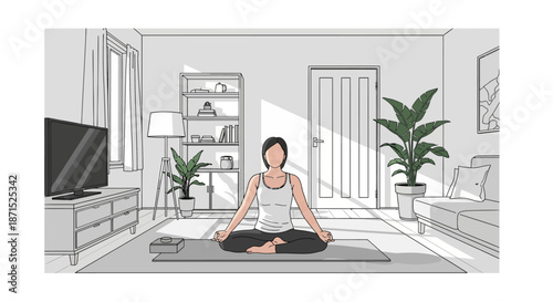 Woman Practicing Yoga in a Serene Living Room.