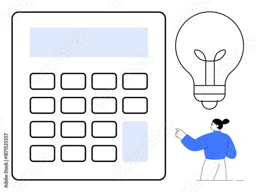 Education, innovation, creativity, problem-solving, online learning, and technology. Minimalist style calculator and lightbulb with a person pointing. Innovation and creativity concept