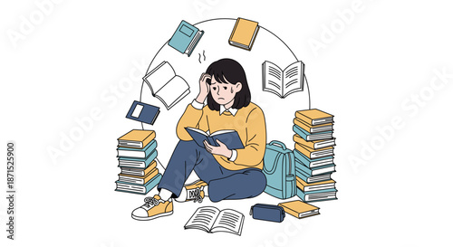 Young woman sitting on floor surrounded by stacks of books reading.