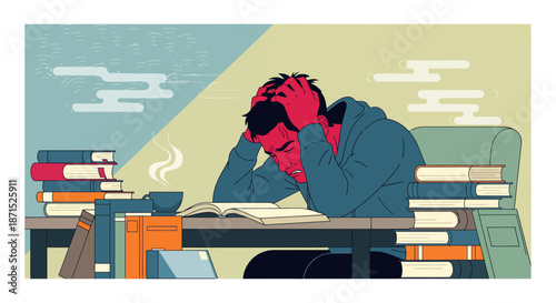 Overwhelmed student studying at desk with piles of books.