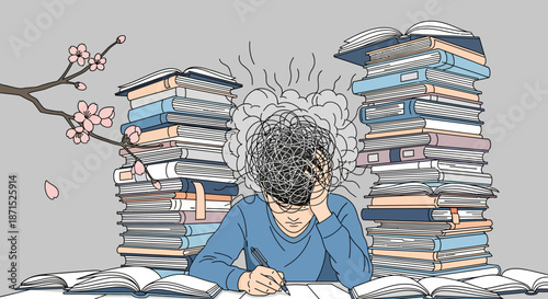 Overwhelmed student surrounded by piles of books and papers.