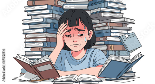 Overwhelmed student surrounded by piles of books and studying materials.