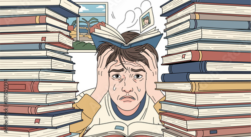 Overwhelmed student surrounded by stacks of books and studying materials.