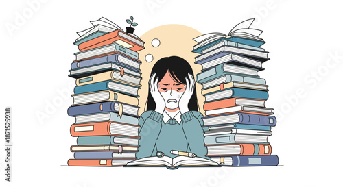 Young woman studying surrounded by large piles of books.