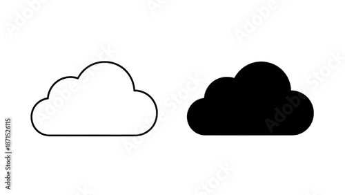 Vector illustration of two distinct minimalist cloud graphics, outlined and solid, on transparent background